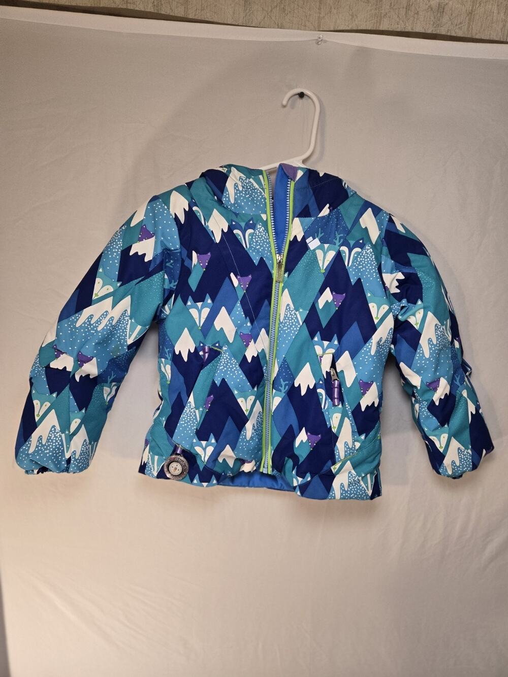 Obermeyer US Girls Size 7 Puffy Winter Ski Jacket Coat Foxes Deer Mountain Blue